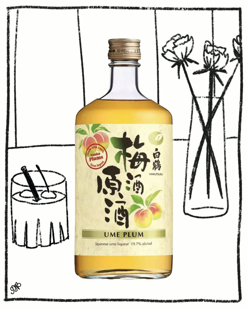 Bottle of Ume Plum liquor with a decorative background
