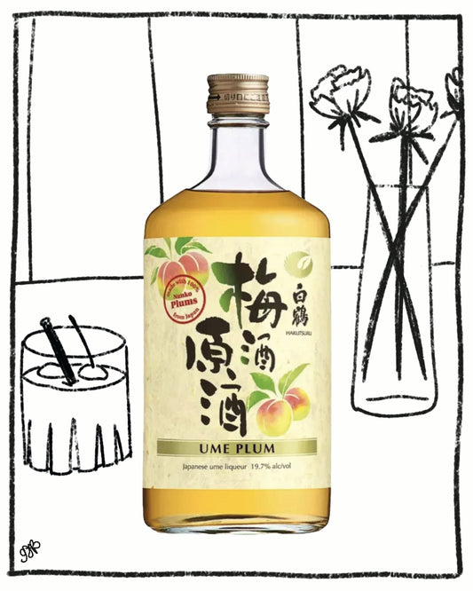 Bottle of Ume Plum liquor with a decorative background