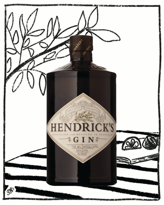 Hendrick's Gin bottle with decorative black and white illustrations in the background