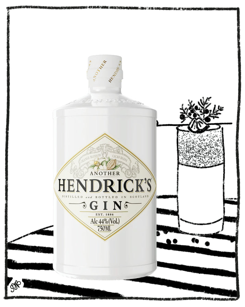 A white bottle of Hendrick's Gin with a gold and black label, shown next to a black-and-white illustrated cocktail glass on a striped surface against a white background.