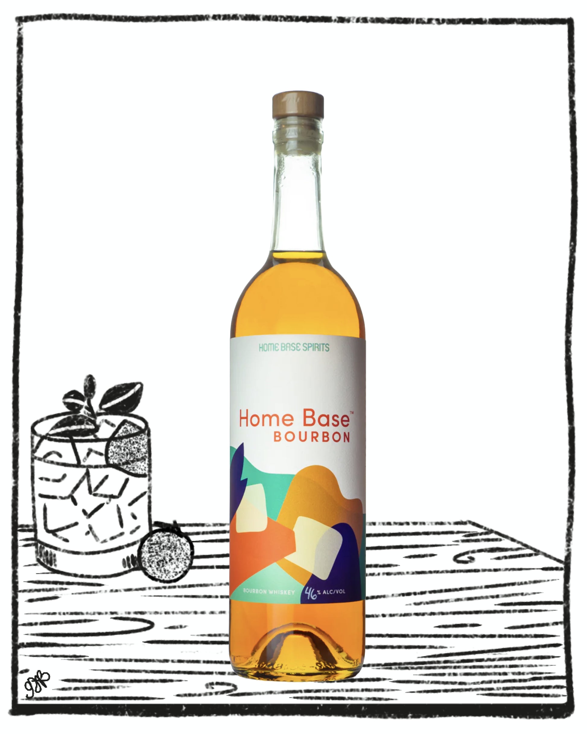 Bottle of Home Base Bourbon with a colorful label on a white background