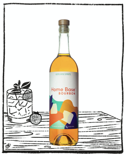 Bottle of Home Base Bourbon with a colorful label on a white background