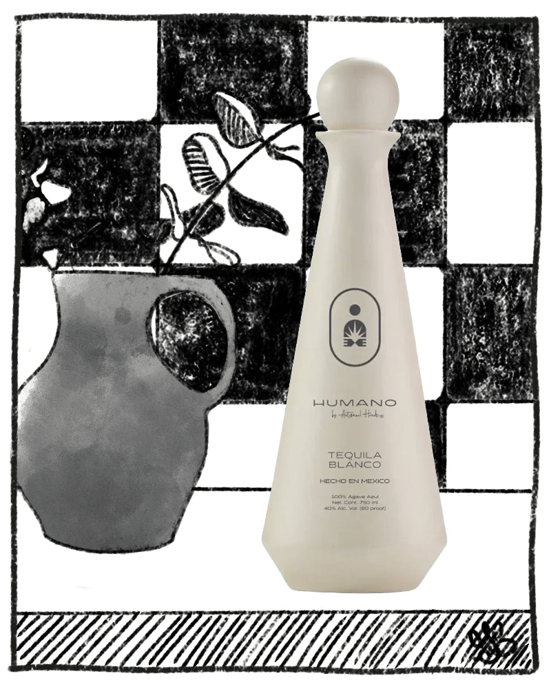 Tequila bottle labeled 'Humano' on a black and white checkered background