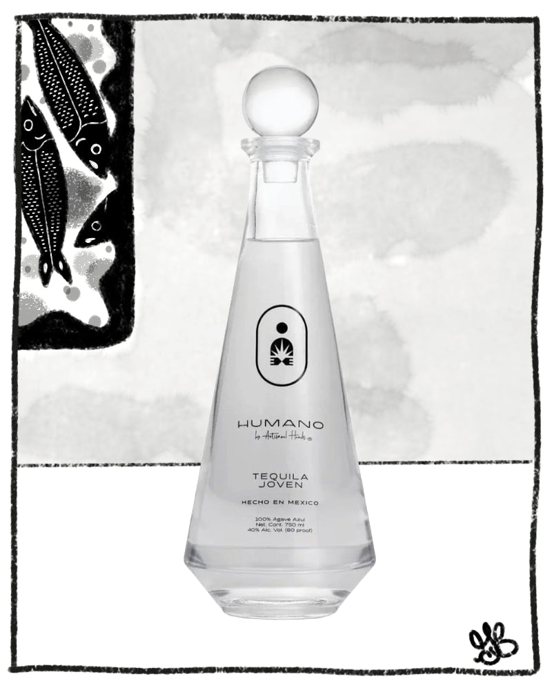 Humano tequila bottle on a decorative background with abstract designs.