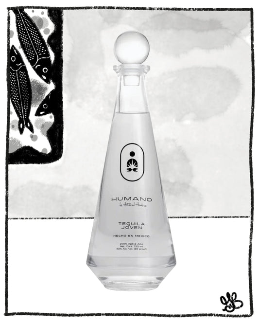Humano tequila bottle on a decorative background with abstract designs.