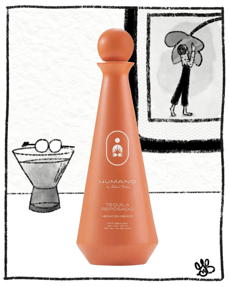Orange tequila bottle labeled 'Humano' with a black and white illustration in the background.