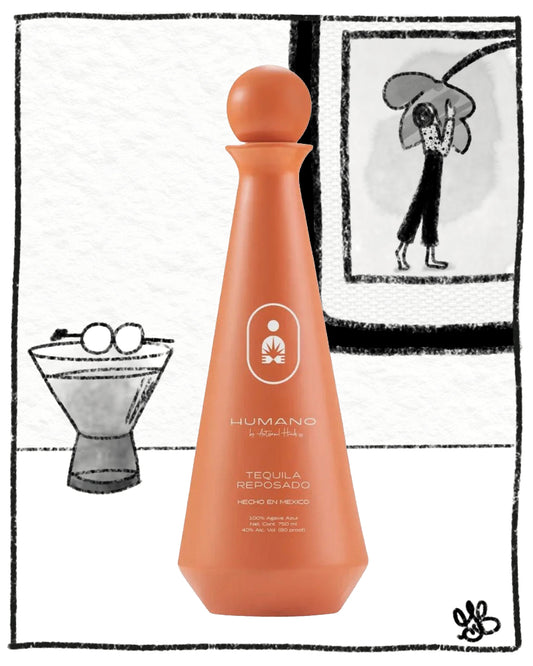 Orange tequila bottle labeled 'Humano' with a black and white illustration in the background.
