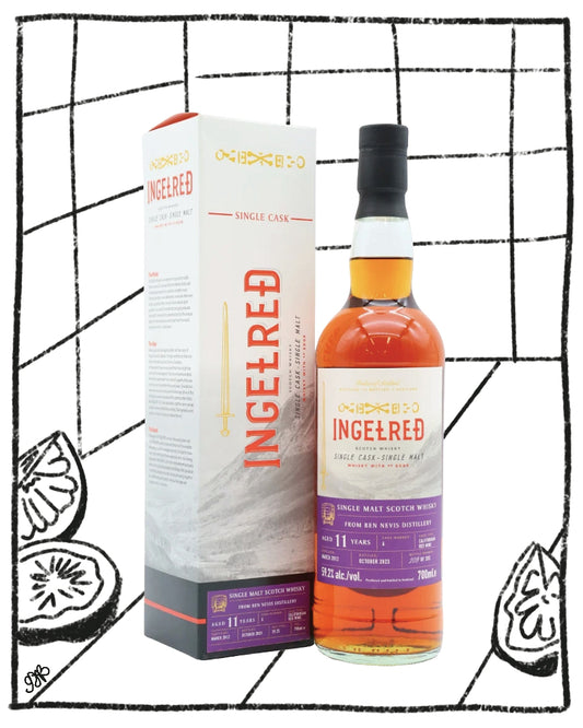 A bottle of Ingelred Single Malt Scotch Whisky with its matching product box, displayed on a clean white background. The bottle contains amber-colored whisky and features a purple label, while the box is white with red and purple branding.