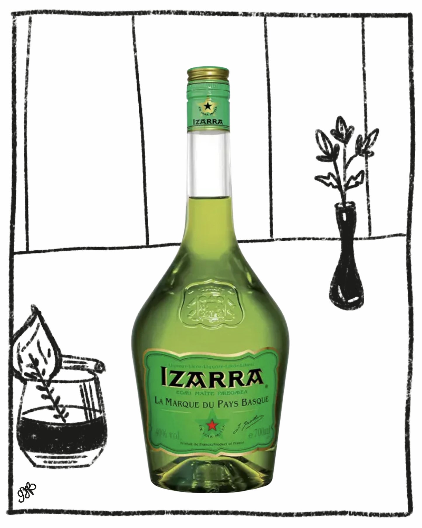 Green bottle of Izarra with a decorative background