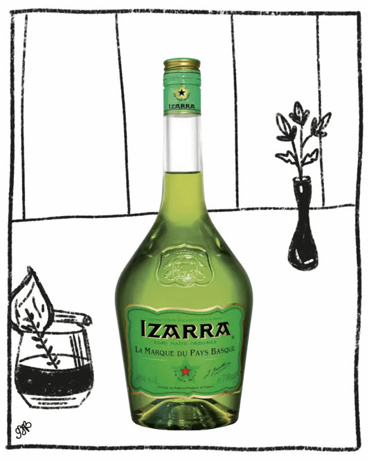 Green bottle of Izarra with a decorative background