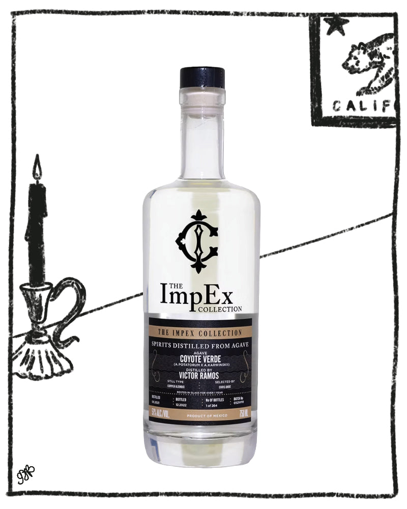 A bottle of ImpEx Collection Straight Distilled Rum Scotch in Covette Verge, featuring a clear glass bottle with a black cap and a black and gold label, set against a white background with hand-drawn black ink illustrations of a candlestick and a bear logo.