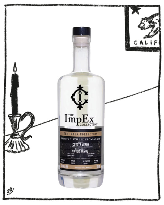 A bottle of ImpEx Collection Straight Distilled Rum Scotch in Covette Verge, featuring a clear glass bottle with a black cap and a black and gold label, set against a white background with hand-drawn black ink illustrations of a candlestick and a bear logo.