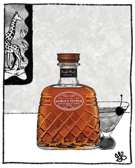 Bottle of James E Pepper barrel proof bourbon in front of a drawn background