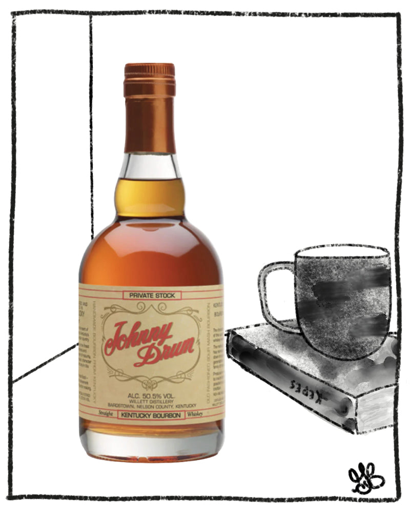 Bottle of Johnny Brown whiskey with a mug and coaster on a white background
