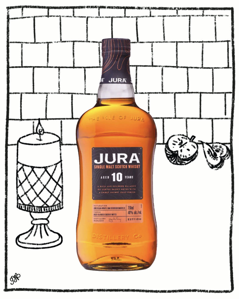Bottle of Jura whisky with a glass and fruit on a tiled background