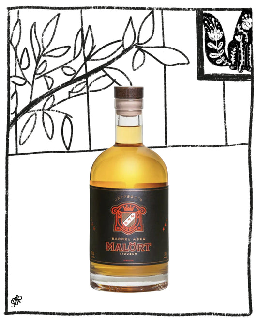 A bottle of Malört Barrel Aged Vodka centered on a white background with a black hand-drawn sketch of leaves and branches behind it. The bottle contains amber liquid and has a black label with red and white text and crest.