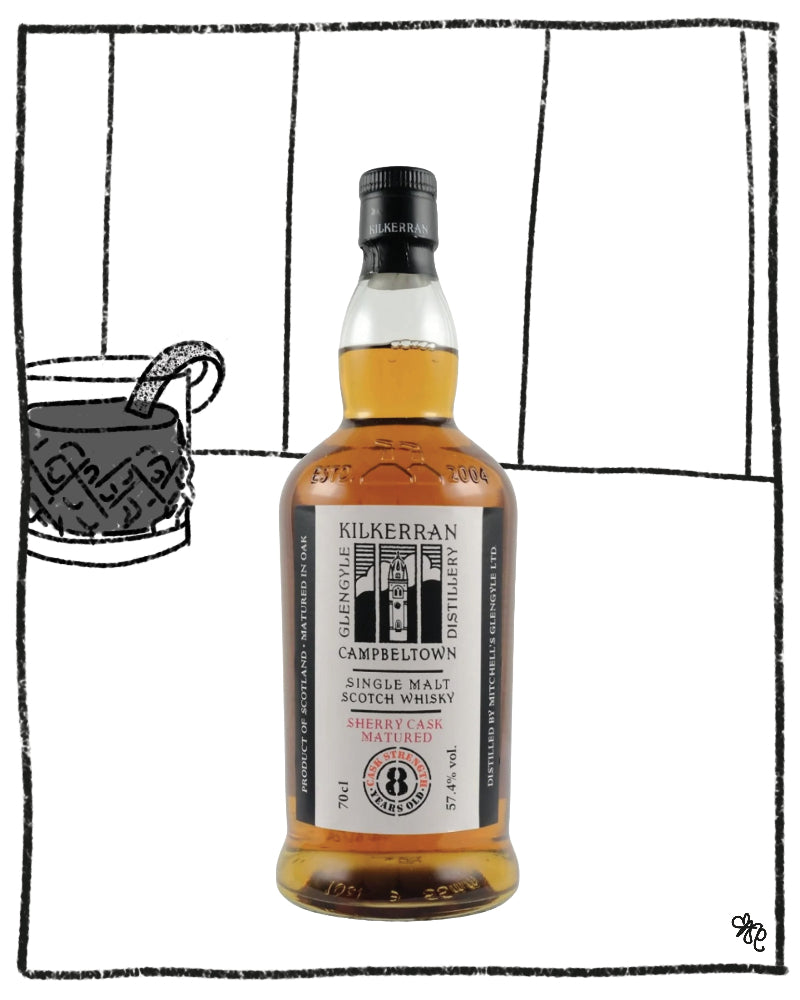 A bottle of Kilkerran Campbelltown Single Mac Scotch Whisky centered on a white background with a hand-drawn black line-art border and a small sketch of a mug at left.