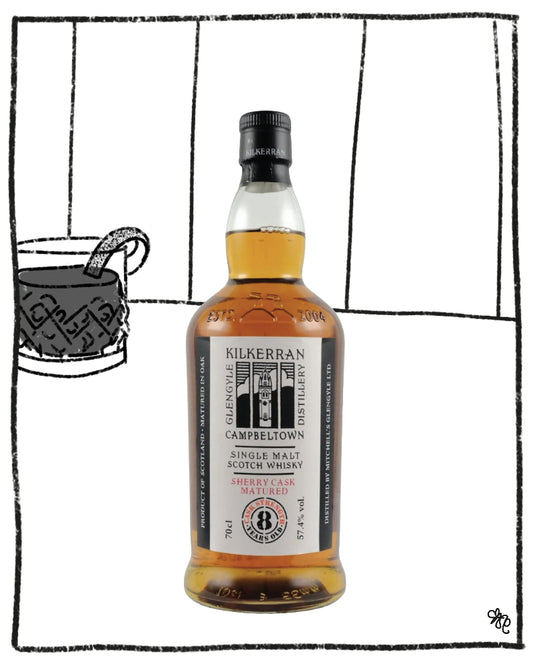 A bottle of Kilkerran Campbelltown Single Mac Scotch Whisky centered on a white background with a hand-drawn black line-art border and a small sketch of a mug at left.