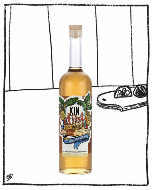 Bottle of Kin Ale with colorful label on a white background