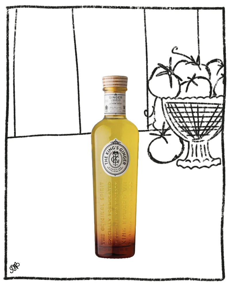 A bottle of King's Own London Strong Spirit rum with a gold gradient label, set against a white background with a black hand-drawn sketch of tomatoes and a basket.