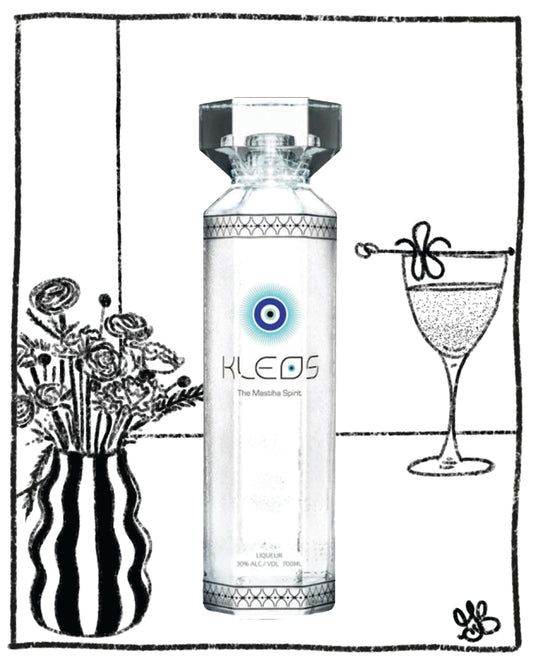 Kleos Masthia spirit in a clear glass bottle with a drawing of flowers and a wine glass.