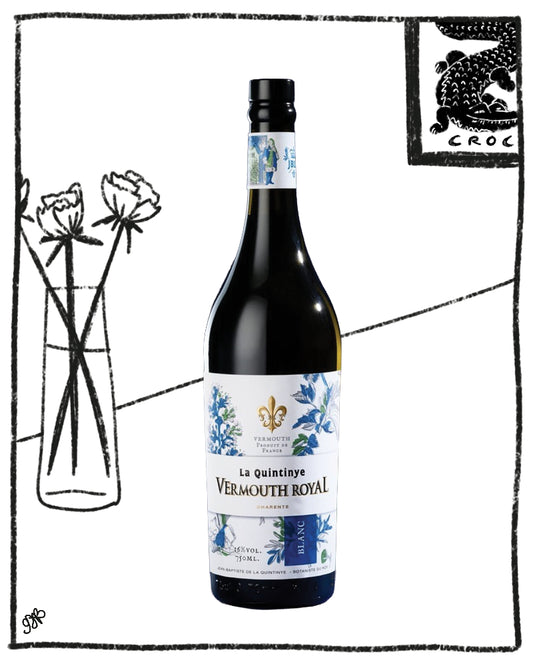 A bottle of La Quintinie Vermouth Royal Blanc wine centered on a white background with hand-drawn black sketch elements, including flowers in a vase and a small logo in the top right.