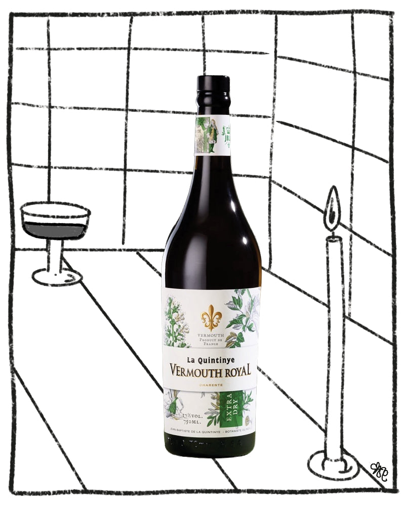 A bottle of La Quintilaye Vermouth Royal centered against a hand-drawn black-and-white sketch background with a grid, a goblet, and a candle.