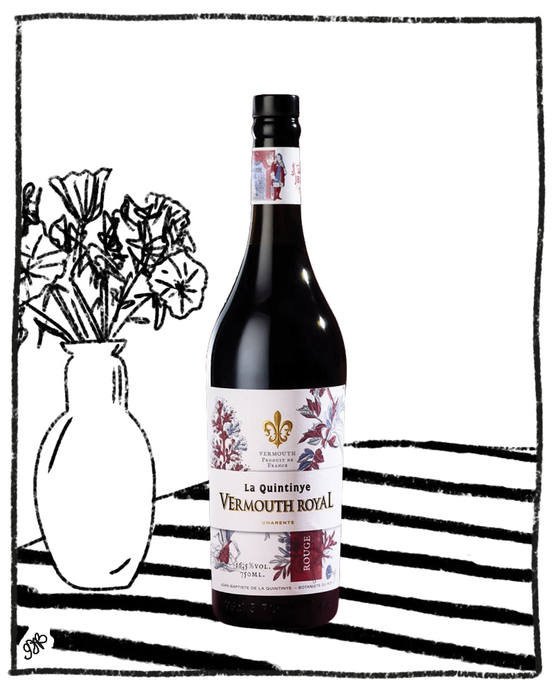 A bottle of La Quintinye Vermouth Royal red wine stands on a black-and-white striped surface next to a simple line drawing of a vase with flowers. The bottle has a dark body, a black cap, and a white label with floral accents and gold text.
