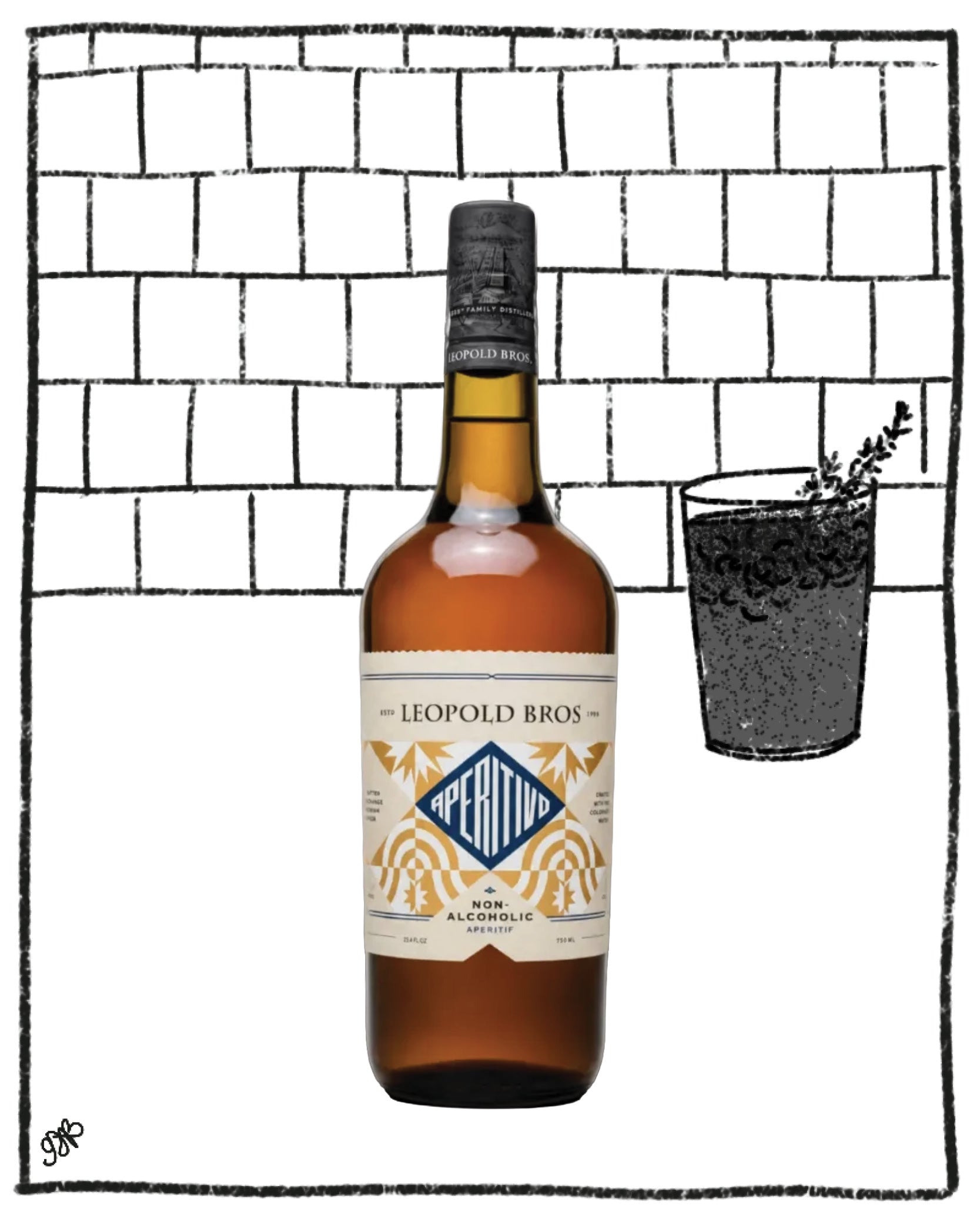 A bottle of Leopold Bros Aperito non-alcoholic aperitif centered against a white background with a black brick pattern, alongside a black-and-white illustrated cocktail glass with a sprig of herbs.