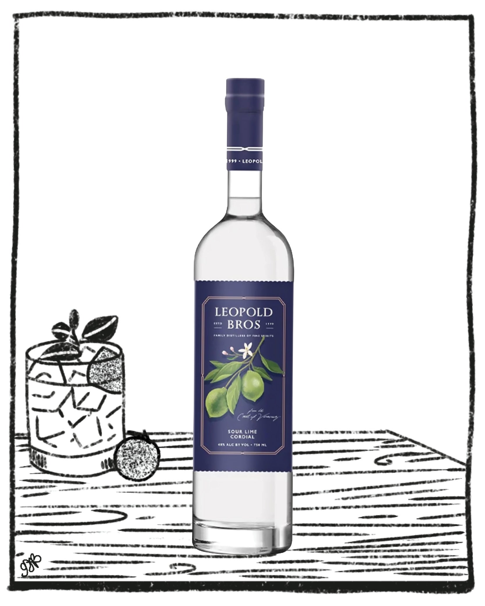 A bottle of Leopold Bros. Greyhound Caraway Vodka centered on a white background, with a black-and-white illustrated cocktail glass and garnish on the left and a tabletop drawing beneath.