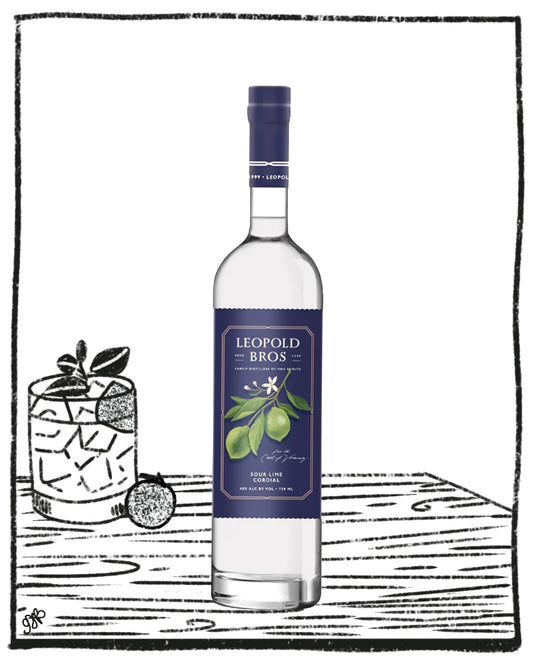 A bottle of Leopold Bros. Greyhound Caraway Vodka centered on a white background, with a black-and-white illustrated cocktail glass and garnish on the left and a tabletop drawing beneath.
