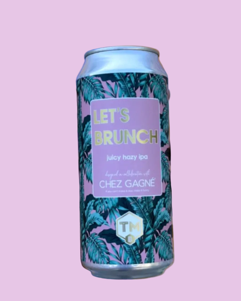 A 16 oz aluminum can of Chez Gagné 'Let's Brunch' juicy hazy IPA, featuring a tropical palm leaf pattern in teal and pink with a lavender label, set against a solid pink background.