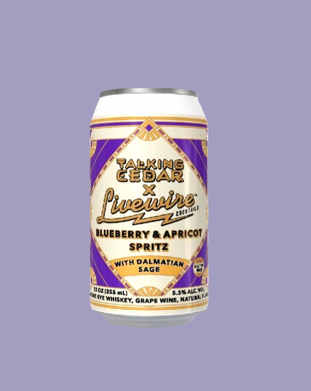 A single aluminum beverage can from Talking Cedar x Livewire Distilling on a solid lavender background. The can features a white label with purple and gold accents, reading 'Blueberry & Apricot Spritz' and 'With Dalmatian Sage'.