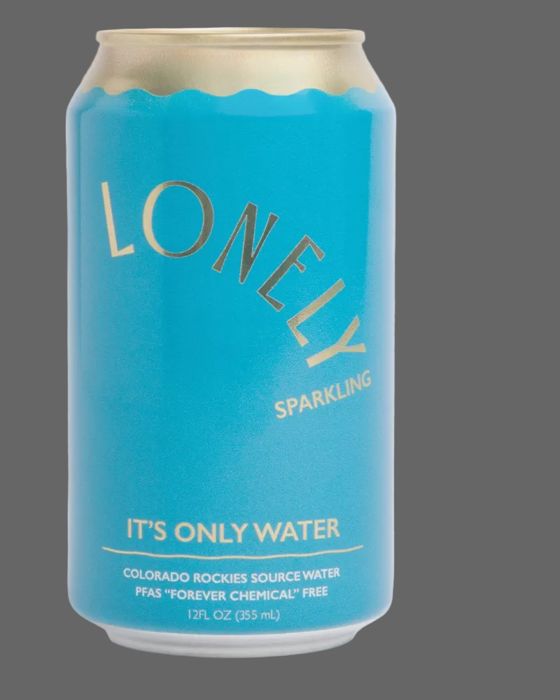 A 12 fl oz can of Lonely Sparkling 'It's Only Water' carbonated beverage, featuring a bright turquoise blue label with gold foil lettering, set against a solid dark gray background.