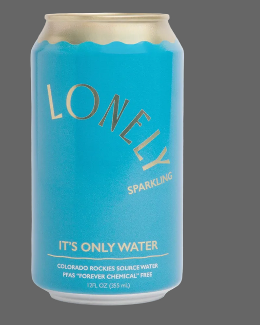 A 12 fl oz can of Lonely Sparkling 'It's Only Water' carbonated beverage, featuring a bright turquoise blue label with gold foil lettering, set against a solid dark gray background.