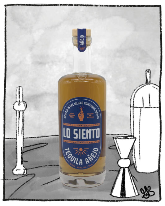 Lo Siento tequila bottle with bar tools on a black and white background