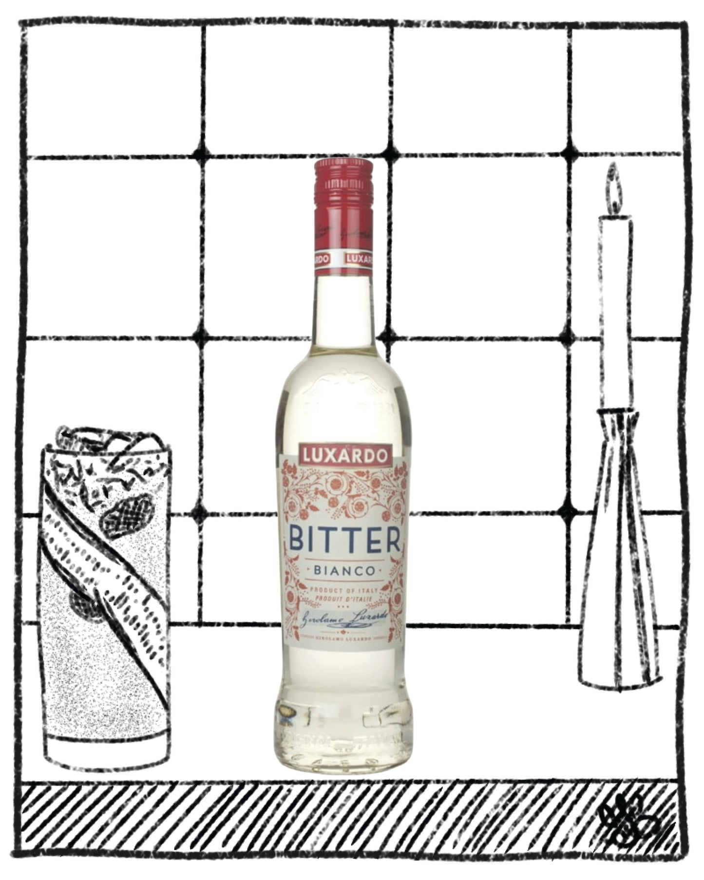 Clear bottle of Bitter Bianco liqueu with a red cap and blue writing on the labele