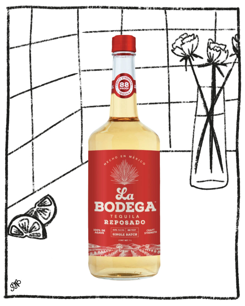 La Bodega tequila bottle with a red label on a white background
