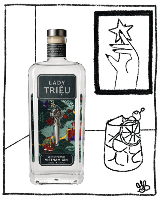 Bottle of Lady Trieu gin with a decorative label on a white background with black line art.