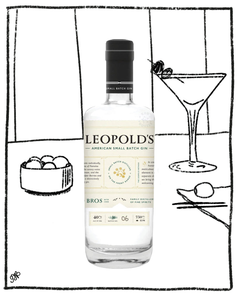A bottle of Leopold's American Small Batch Gin centered on a white background, framed by hand-drawn black line illustrations of a martini glass with olives, a bowl of olives, and a spoon, with a small '365' mark in the bottom-left corner.