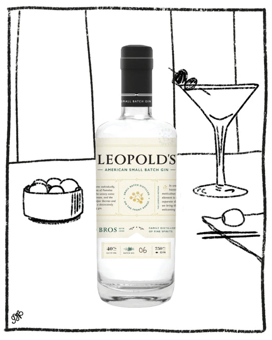 A bottle of Leopold's American Small Batch Gin centered on a white background, framed by hand-drawn black line illustrations of a martini glass with olives, a bowl of olives, and a spoon, with a small '365' mark in the bottom-left corner.