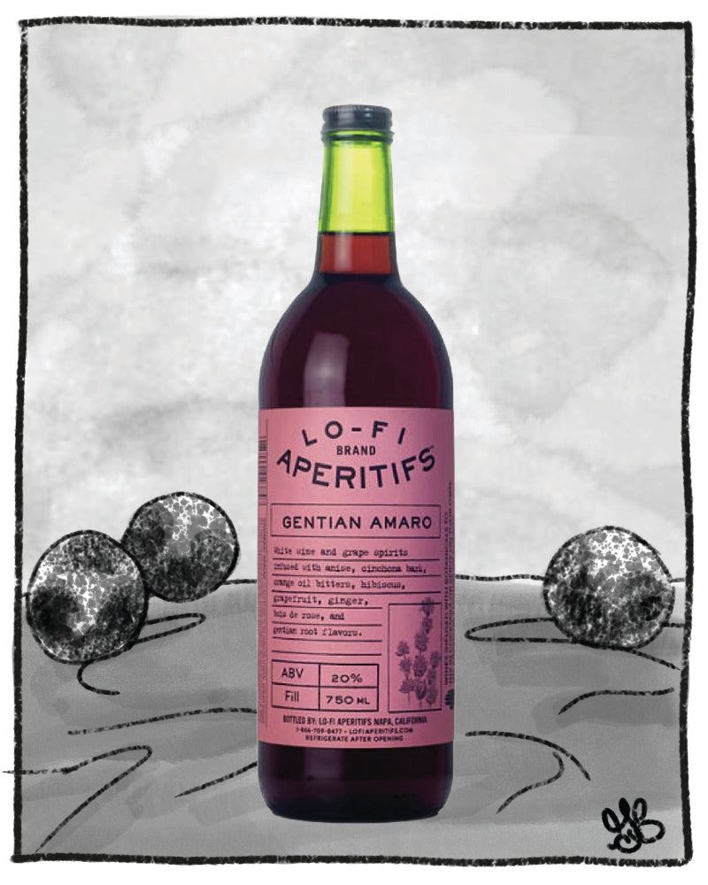 Bottle of Lo-Fi Aperitifs Gentian Amaro on a stylized background with olives.