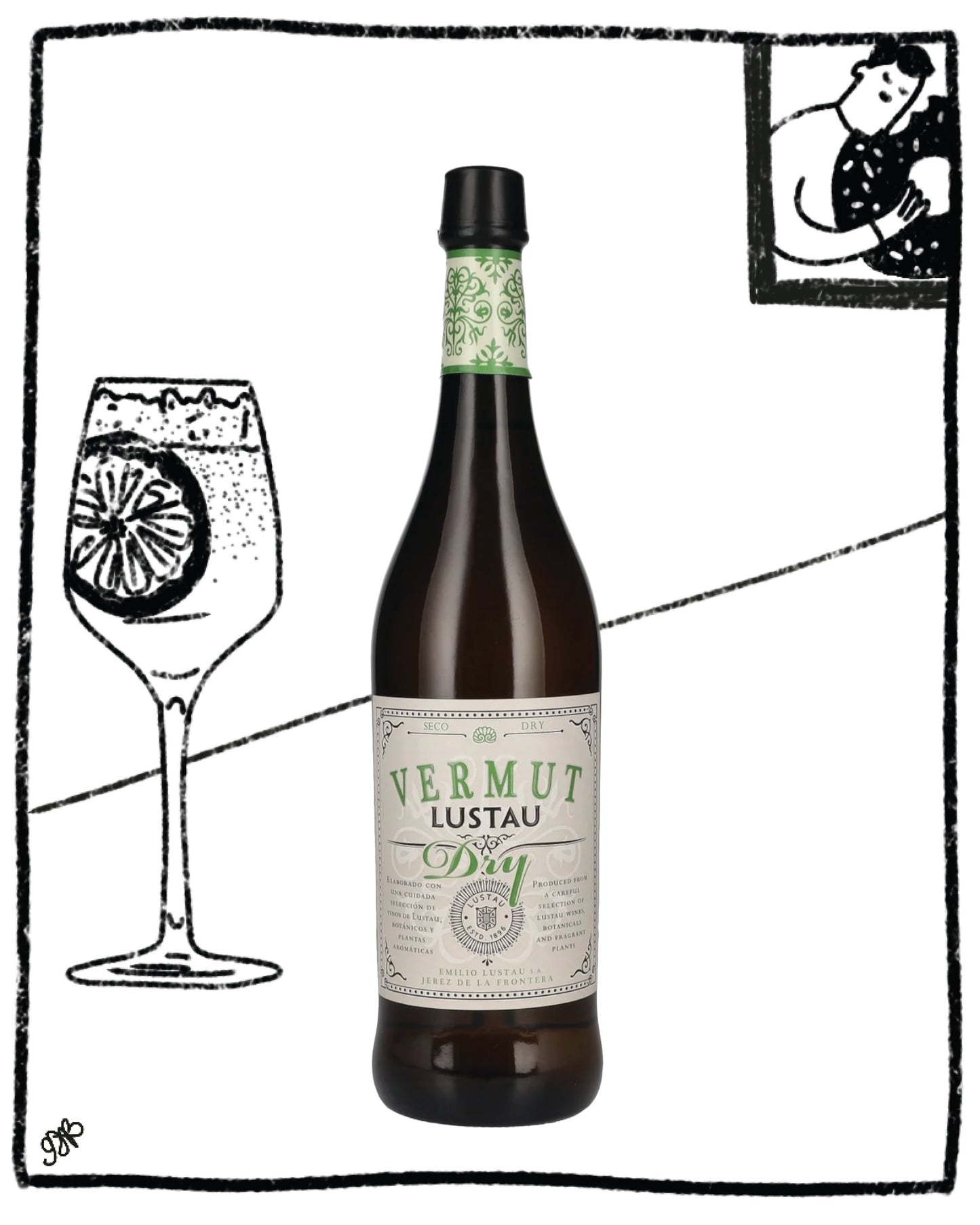 Bottle of Vermut Lustau with a glass illustration on a white background