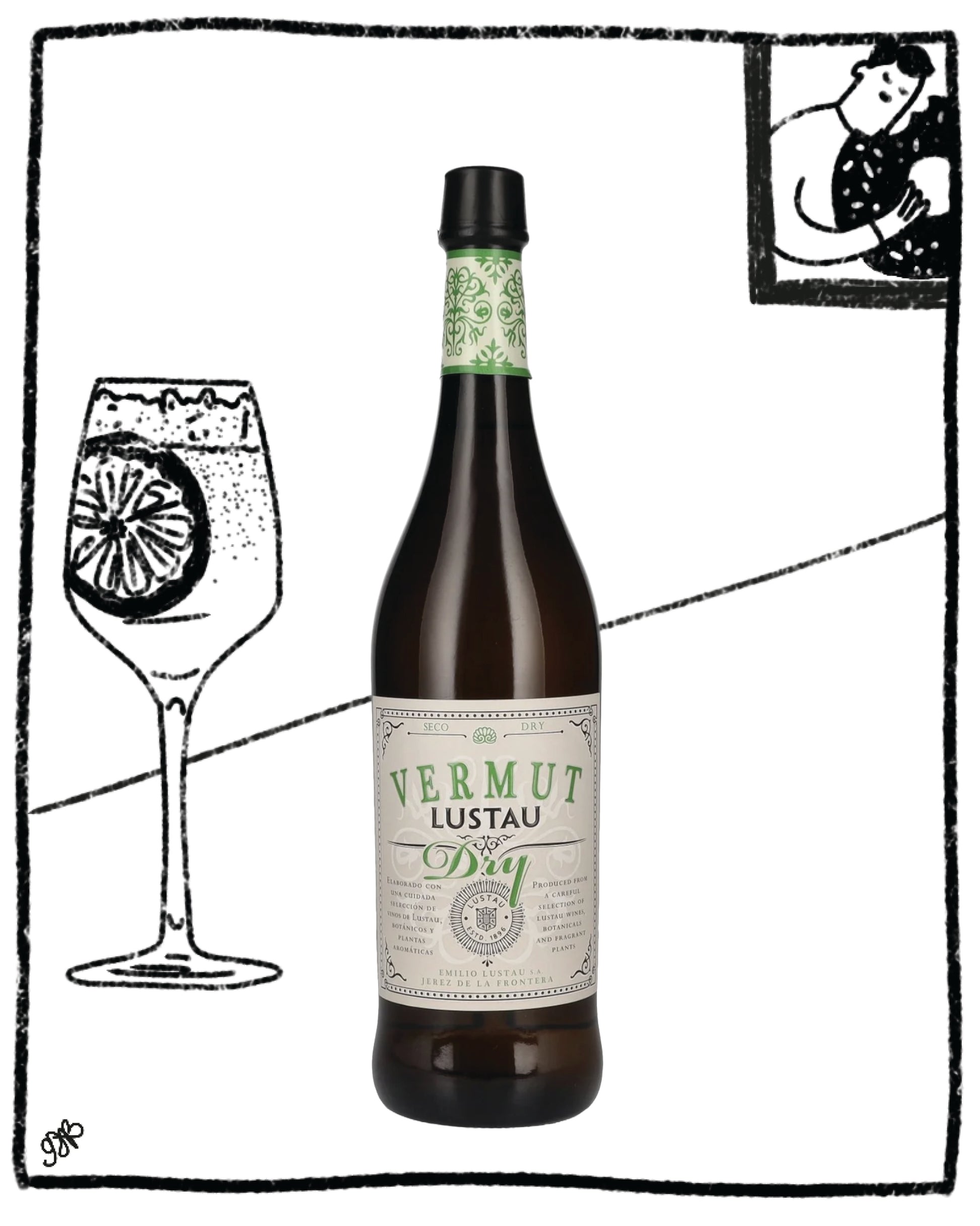 Bottle of Vermut Lustau with a glass illustration on a white background