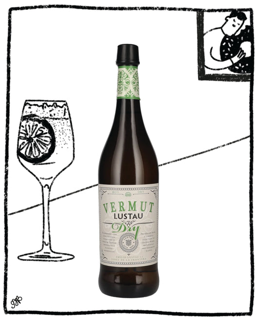 Bottle of Vermut Lustau with a glass illustration on a white background