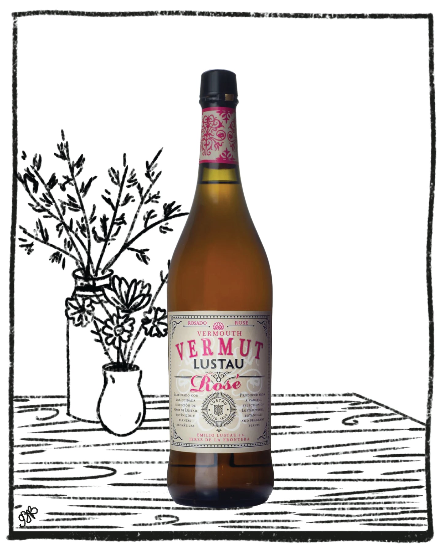 Bottle of Vermut Lustau on a wooden surface with decorative elements.