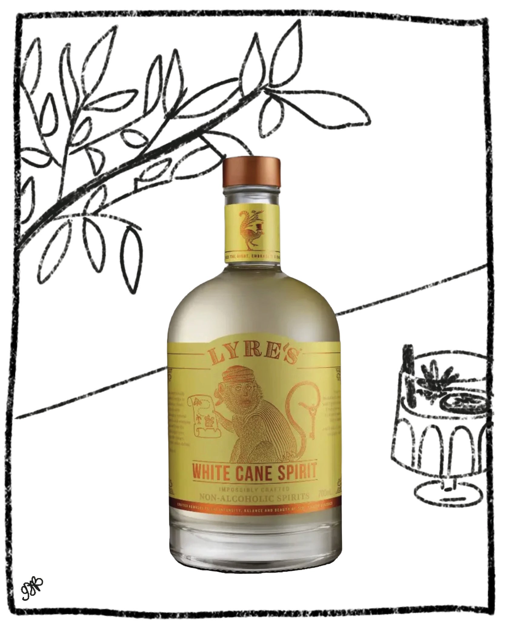A bottle of Lyre's White Cane Spirit rum centered on a white background with hand-drawn black line art of leaves and a small table scene. The bottle has a pale yellow liquid, a yellow label with orange-brown text and monkey illustration, and a copper-toned cap.