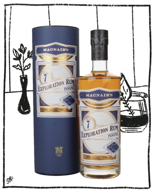 A bottle of Magnair's 7 Year Exploration Rum Panama next to its navy blue cylindrical packaging box, set against a white background with black hand-drawn sketch elements.