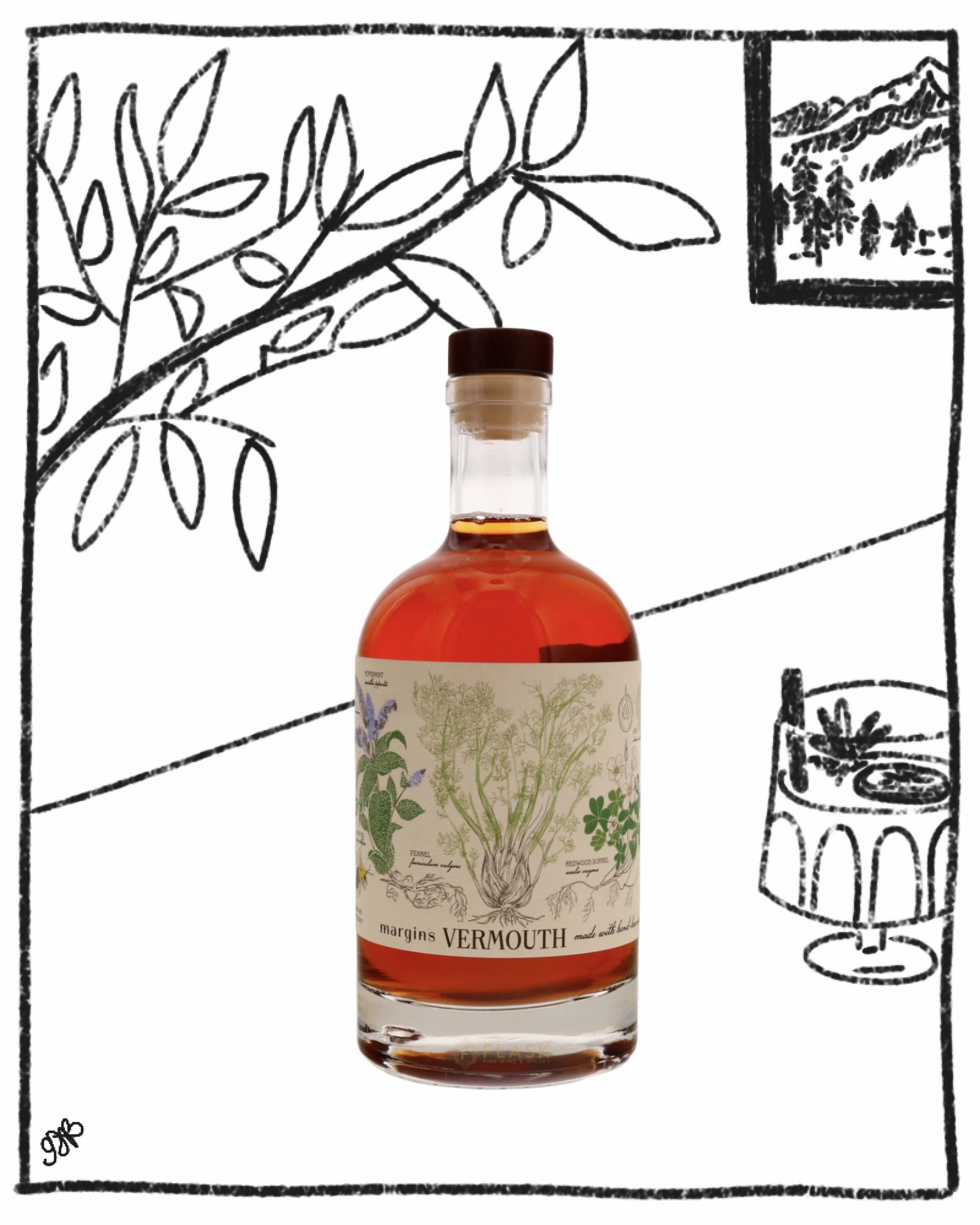 Bottle of vermouth with botanical label on a white background