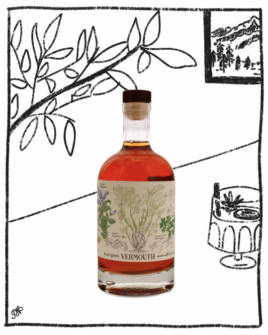 Bottle of vermouth with botanical label on a white background